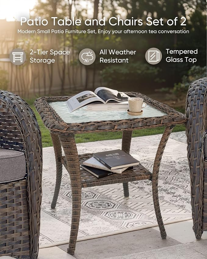 HUMMUH 5-Piece Wicker Swivel Rocker Patio Set with Fire Pit, Brown/Grey | 50,000 BTU gas fire pit, powder-coated steel frame, UV-proof PE wicker, 360-degree swivel, 4-inch thick cushions