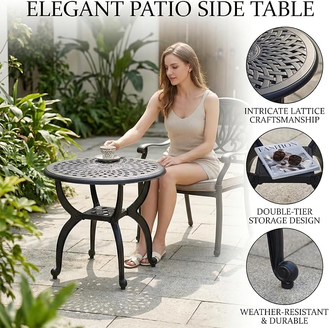 Round Outdoor Coffee Table, Cast Aluminum Side Table with Storage,Indoor End Table, All-Weather Bistro Table for Patio Garden Lawn,Black