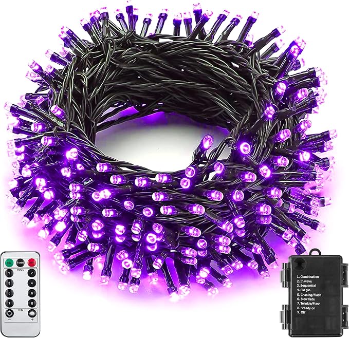 Halloween Purple String Lights Outdoor 33Ft 100LED Battery Operated Fairy Lights with Waterproof Remote Timer for Hanging Garden Party Holiday Decor