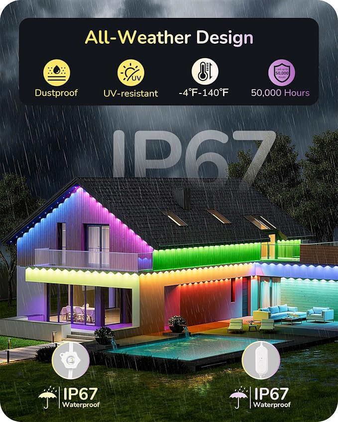 EDISHINE 100FT IP67 Waterproof Smart Permanent Outdoor Lights, RGBIC | APP/Voice/Remote Control, 111+ Scene Modes, Cuttable LED Stripe Lights for Party Decor & Festive Celebrations
