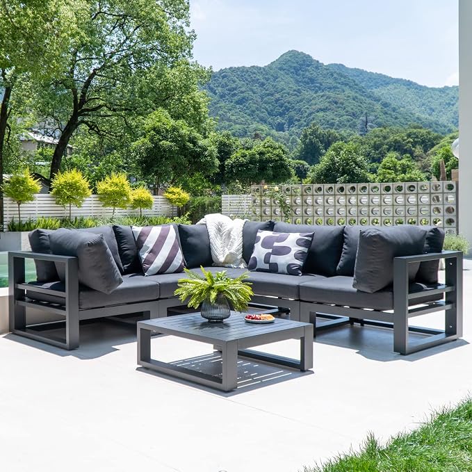 7 Pieces Patio Furniture Set Outdoor Aluminum Sectional Sofa Couch with Square Coffee Table All-Weather Conversation Set with Upgraded Dark Grey Cushions