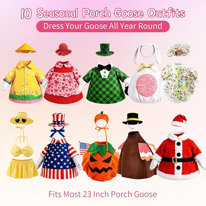 10 Set Porch Goose Outfits for 23" Lawn Goose Statue,All Seasons Goose Clothes Bundle with Valentine St Patrick Easter Spring Floral Raincoat Summer Patriotic Halloween Thanksgiving Christmas Costumes