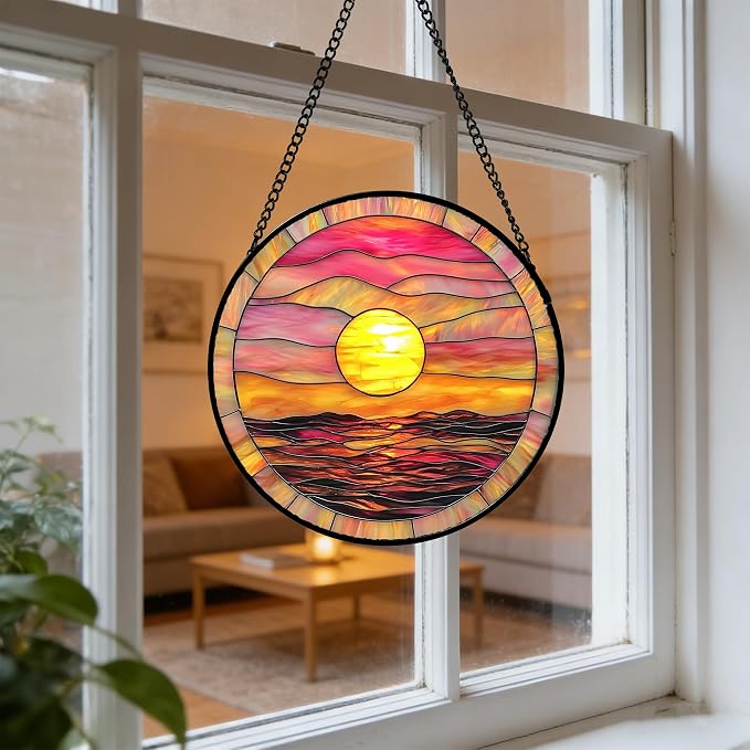 DASTOLL Stained Glass Window Hanging, Sunrise Sea Surface Sun Catchers Diamond Glass Panel Hangings Abstract Suncatcher Decor for Birthday for Women, Men, Wife, Aunt, and Mom 14.9 in