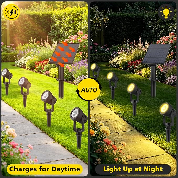 T-SUN Solar Spotlights, 4-in-1 Solar Landscape Spot Lights Outdoor Waterproof Auto ON/Off 5W Separate Solar Panel LED Lights, Solar Lights for Garden, Yard, Driveway, Pool Area(Warm White-3000K)