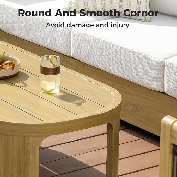 HAPPATIO Aluminum Patio Furniture Set, 3 Pieces Wood-Like Oversized 3-Seat Sofa Conversation Set with Thick Cushion, Curved Tub Design with Woven Rope Accents for Garden, Backyard, Poolside