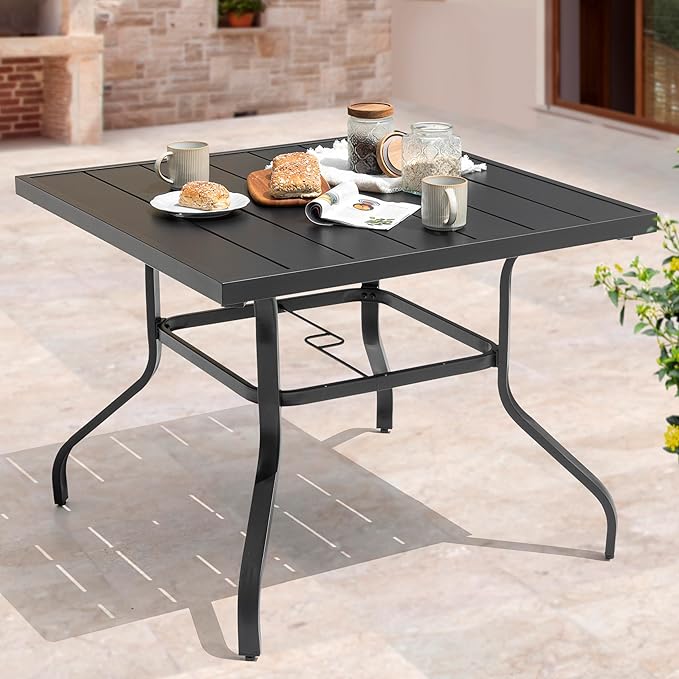NUU GARDEN 37" Outdoor Patio Table, 4 Person Steel Slat Square Dining Table with 1.57" Umbrella Hole, Slatted Top and Powder Coated Iron Frame for Patio, Garden and Balcony, Black