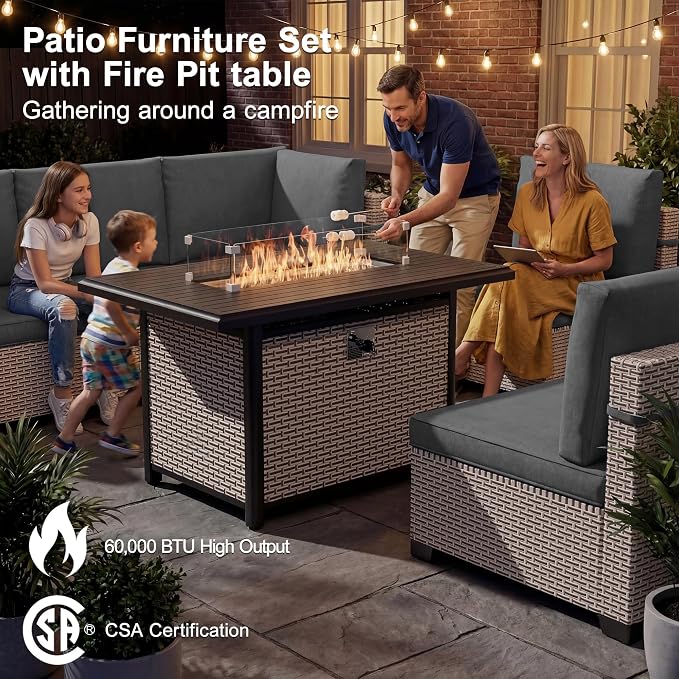 Patio Furniture Set, 15-Piece Outdoor Sectional Sofa with 60,000 BTU Fire Pit Table & 2-Layer Glass Coffee Table, Wicker Patio Conversation Set with Gray Cushions