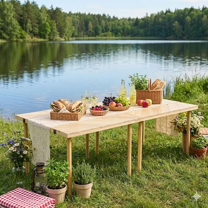Folding Picnic Table, Pine Wood Festive Gift, 60" x 30", Large Portable Design, for Indoor and Outdoor, Camping, Garden, Party, Beach, Wedding, with Boho Crochet Table Runner