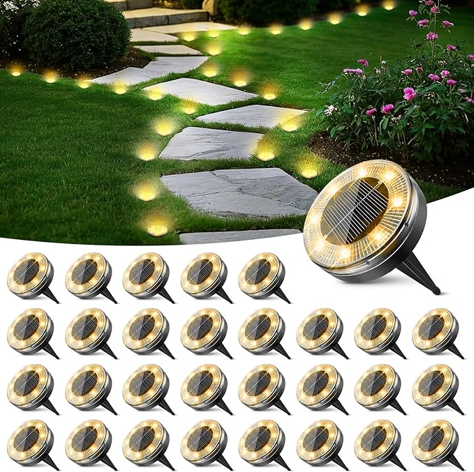 Mini Solar Ground Lights, 30 Pack Flat Solar Disc Lights Outdoor Waterproof, 2.3 Inch Small Solar Garden Lights Landscape Lighting for Outside Pathway Garden Yard Lawn Walkway,Warm White