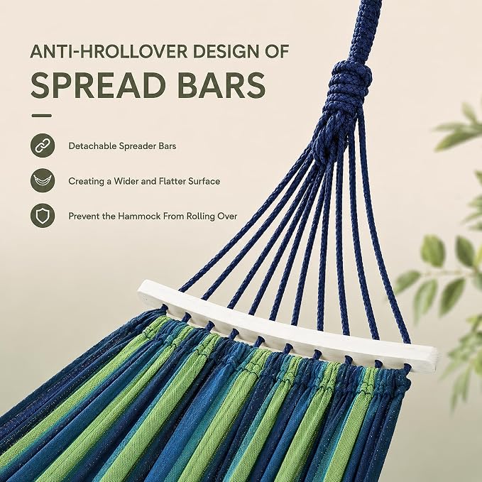 2 Person Outdoor Double Hammock,Heavy Duty Fabric Canvas Hammock with Carry Bag & Removable Spreader Bar, Portable Tree Hammock 550lbs Capacity for Porch Garden Patio Backyard Indoor Outdoor Blue