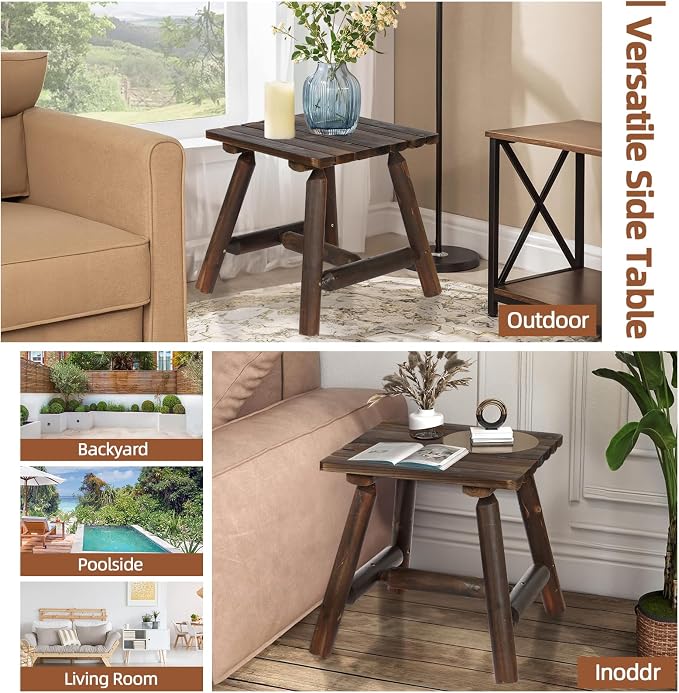 HOMEDIARY Wooden Adirondack Log Side Table, Cedar Wood Outdoor Square End Table w/Slatted Tabletop, Oversize 19.5” Indoor Outdoor Patio Side Coffee Table for Garden Patio Backyard Porch, Carbonized