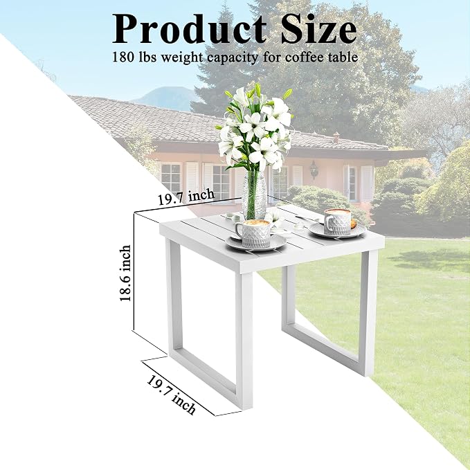 20" Aluminum Outdoor Side Table with Tapered Legs, Square Patio End Table with Geometric Slatted Top, All-Weather Coffee Table for Garden, Deck and Porch, White