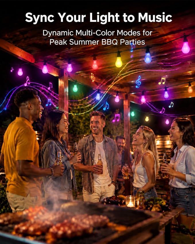 27FT RGBW Outdoor String Lights Shatterproof Dimmable Patio | IP65 Waterproof, 200+ Dynamic Modes, Music Sync, App & Remote Control, Zip Ties Included, -4°F to 158°F Weatherproof