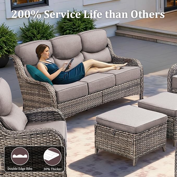 Luxury Patio Furniture Set with 42.5" Fire Pit Table, 8 Pieces High Back All Weather Wicker Outdoor Furniture w/ 6-Inch Thick Cushions, Patio Swivel Chairs Couch for Deck Balcony Backyard Grey