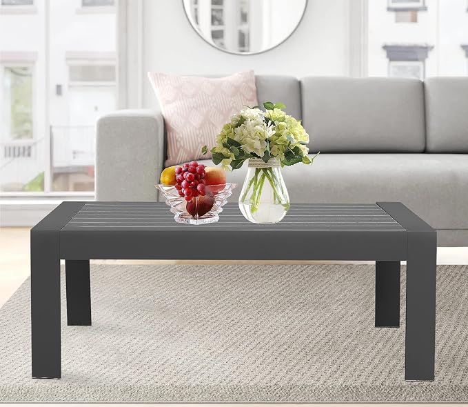 FansaFurn All-Weather Aluminum Outdoor Coffee Table, Modern Rectangle Patio Coffee Table for Balcony Garden, Deep Grey