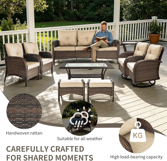 Outdoor Swivel Rocker Patio Chairs (Brown Wicker/Khaki Cushion, 9PC/Sofa & Swivel & Chair &2 Table& Ottomans)