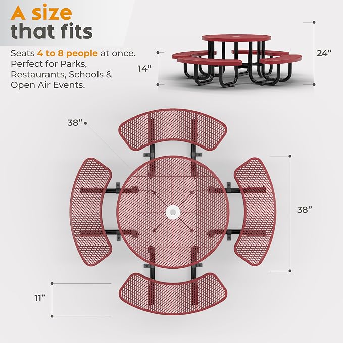 Round Metal Picnic Tables for Kids for Outdoors with Umbrella Hole, Adjustable Seats for School, Park, Playground (Red, 38 in, Kids, Expanded Steel)