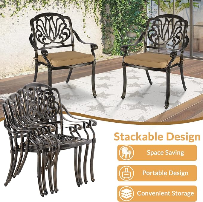 9 Piece Outdoor Patio Dining Set for 8, Cast Aluminium Large Square Dining Table & 8 Cushioned Stackable Chairs, Umbrella Hole, Patio Furniture Set for Garden Porch Poolside, Khaki