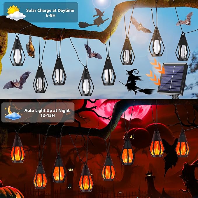 Solar String Lights for Outside, 21Ft Solar Gazebo Lights with 10 Flickering Flame Light Bulbs, Waterproof Red Solar Powered Outdoor Light for Garden Blackyard Patio porch Bistro Cafe Halloween Decor