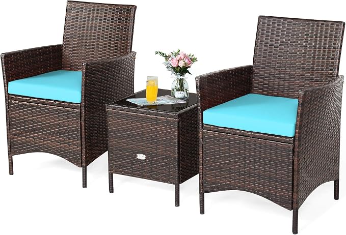 COSTWAY 3 Pieces Patio Rattan Furniture Set, Outdoor Wicker Cushioned Sofa with Tempered Glass Tabletop, Rattan Conversation Set for Porch Yard Balcony Backyard Pool, Turquoise