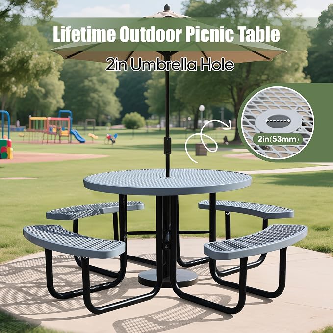 46" Round Picnic Tables for Outdoors,Commercial Metal Picnic Table Bench Set W/ Umbrella Hole,Restaurant School Canteen Tables W/Seats - Heavy Duty Sturdy Picnic Tables for Patio Garden Coffee Shop