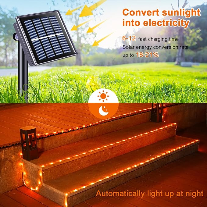 JMEXSUSS 66 ft 200 LED Orange Halloween Solar Rope Lights with 8 Modes | Rope Lights Outdoor Waterproof, Orange Christmas String Lights for Halloween Thanksgiving Fall Party Tree Fence Christmas