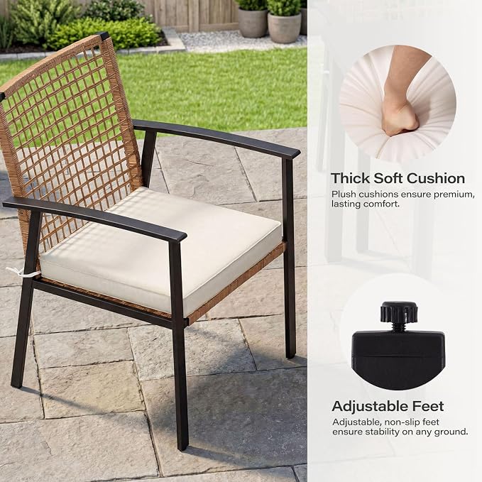 LAUSAINT HOME 5 Pieces Outdoor Patio Dining Set, Wicker Patio Furniture Set of 4 Chairs with Soft Cushion and Square Table with Umbrella Hole, Conversation Set for Backyard, Garden and Poolside