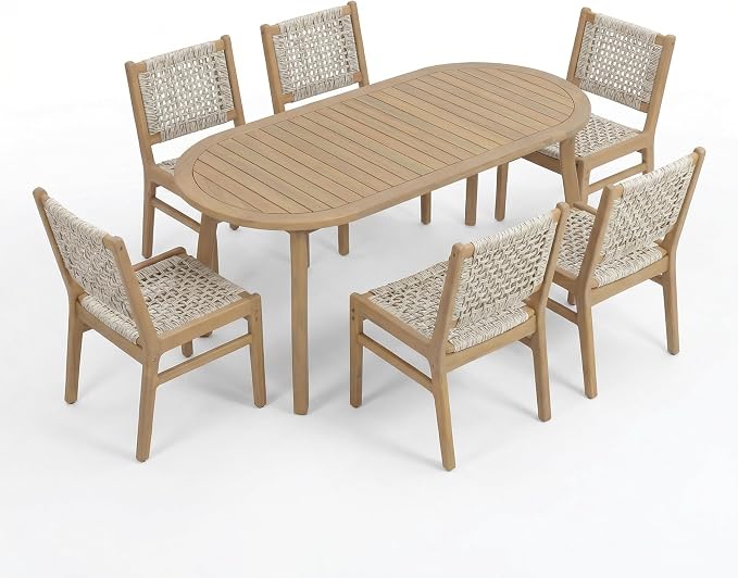 Christopher Knight Home Chuse Acacia Wood Dining Table Set for 6, Solid Wood Outdoor Dining Set for 6, 7 Piece Oval Patio Dining Table and Chair Set with Wicker Seat & Back, Light Gray + Light Teak