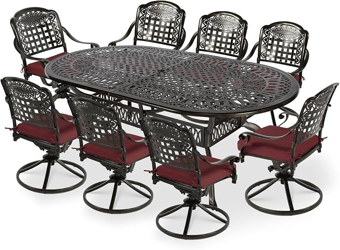 VIVIJASON 9-Piece Outdoor Patio Furniture Dining Set, All-Weather Cast Aluminum Conversation Set, Include 8 Swivel Dining Chairs and an Oval Table with Umbrella Hole for Garden Backyard, Red Cushion