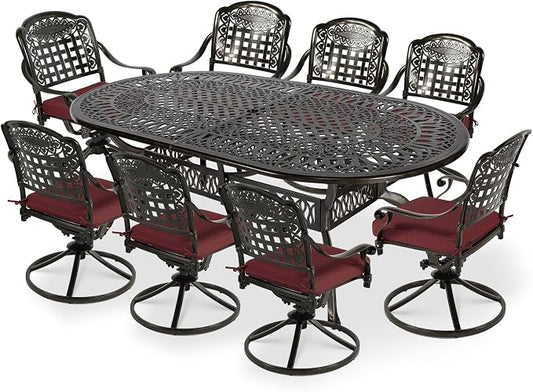 VIVIJASON 9-Piece Outdoor Patio Furniture Dining Set, All-Weather Cast Aluminum Conversation Set, Include 8 Swivel Dining Chairs and an Oval Table with Umbrella Hole for Garden Backyard, Red Cushion