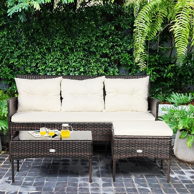HAPPYGRILL 3PCS Outdoor Rattan Conversation Set Patio Furniture Set with Tempered Glass Coffee Table, 5 Elastic Seat & Back Cushions, Sectional Sofa Set for Poolside Balcony Backyard