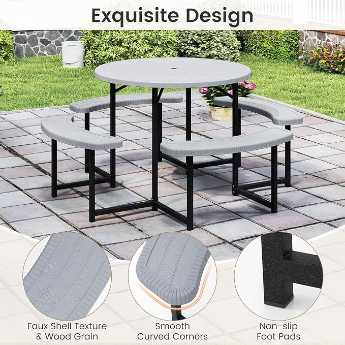 Tangkula 8 Person Picnic Table, HDPE Outdoor Round Table and Bench Set with 4 Built-in Benches, Umbrella Hole, Metal Frame for Garden Yard Patio Lawn