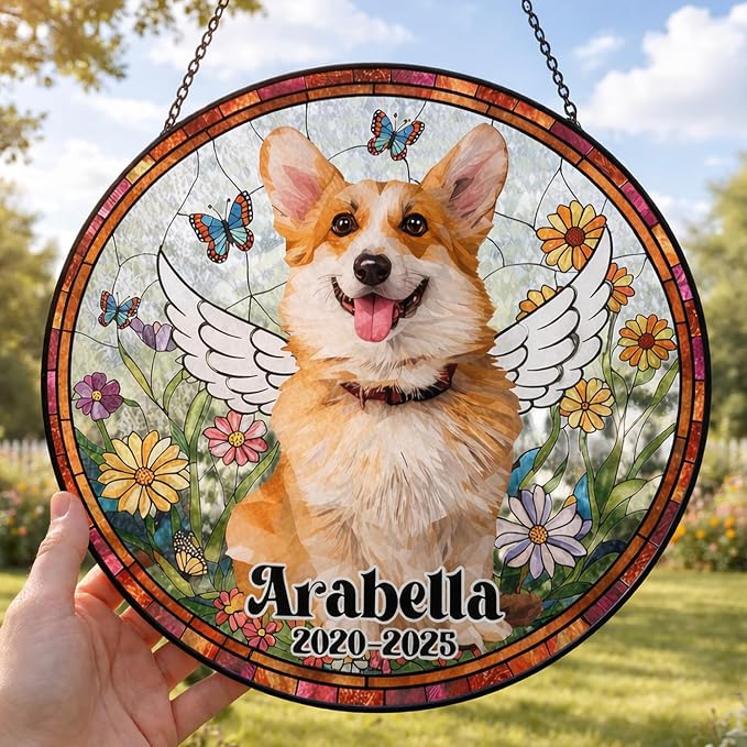 Custom Photo Memorial Dog Suncatcher Custom Cat, Pet Stained Glass Keepsake – Loss of Pet Sympathy Gift – Stained Glass Dog Memorial Window Hanging Sun Catcher– Pet Remembrance Gift