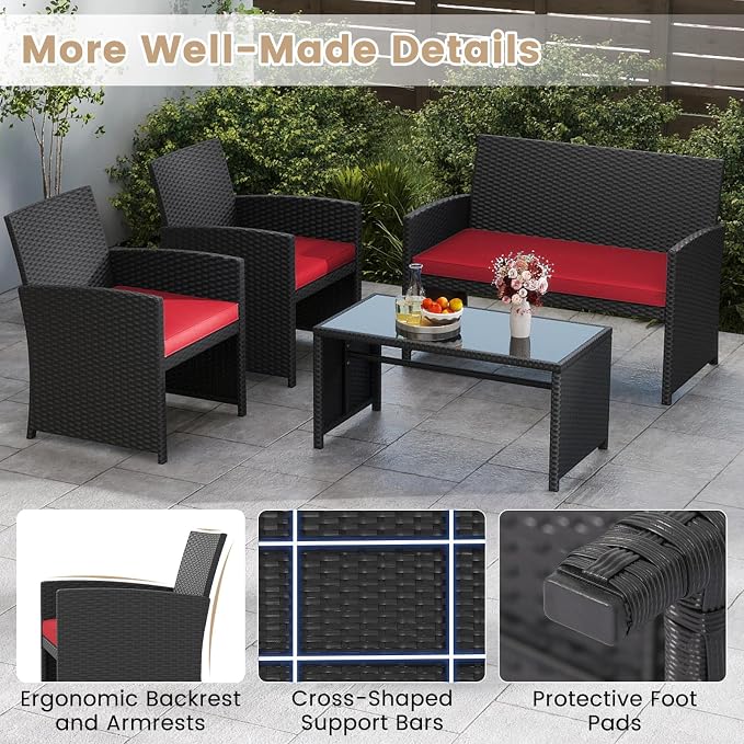 Tangkula 8 Pieces Patio Wicker Furniture Set, Outdoor Heavy Duty Rattan Cushioned Chairs, Loveseat and Tempered Glass Coffee Table, for Backyard, Balcony, Poolside