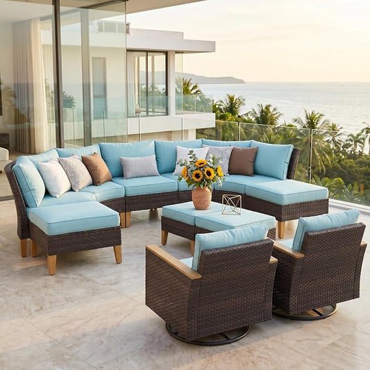 PHI VILLA Wicker Patio Furniture Set with Swivel Chairs, 11 Pieces Half Moon Outdoor Conversations Set, Oversized Rattan Patio Sectional Sofa with Ottoman, Aqua Blue Cushion