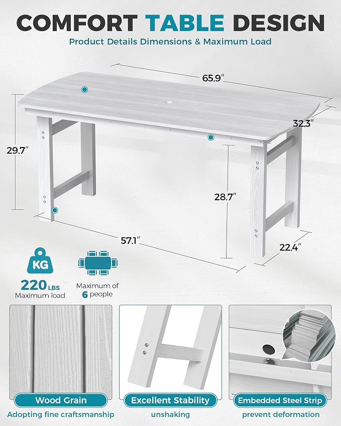 Ciokea HDPE Outdoor Dining Table with Umbrella Hole,66" Rectangle Patio Table for 6,All-Weather Outdoor Patio Furniture Set for Garden Backyard,White