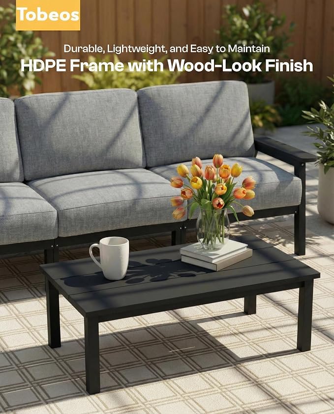 HDPE Patio Furniture Set 5 Seats with Cantilever Umbrella, Outdoor Couch with Washable Thick Gray Cushions & Tables, Outdoor Sectional Furniture for Deck, Lawn, Porch (Black Frame)