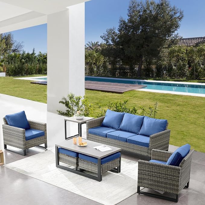 Belord 7 Piece Outdoor Furniture Patio Wicker Sofa Set Blue