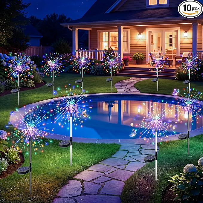 btfarm 10 Pack Solar Garden Lights Outdoor, 8 Modes Firework Lights Outside | 120LED, Waterproof Fairy Twinkle Light Solar Powered for Yard Christmas Pathway Lawn Pool Patio Decorative, Multicolor