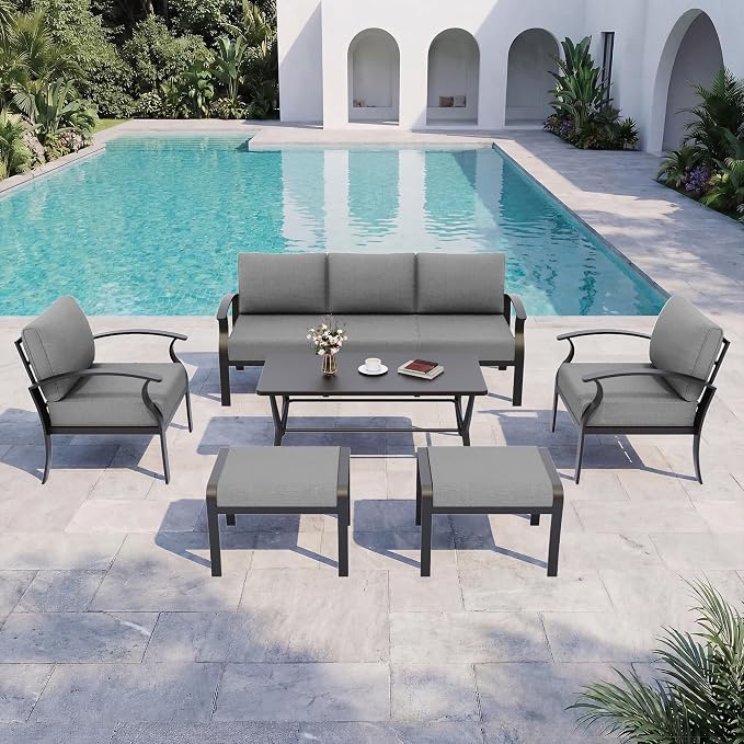 Kurapika Aluminum Patio Furniture Set 5-Seat Modern Outdoor Conversation Sets w/2 Ottomans with Rectangular Coffee Table, Grey