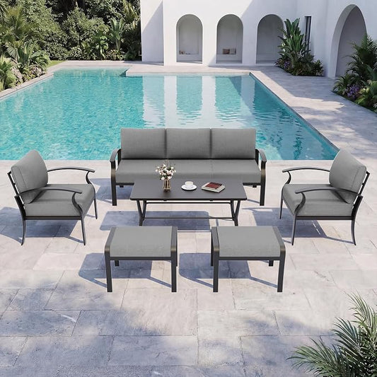 Kurapika Aluminum Patio Furniture Set 5-Seat Modern Outdoor Conversation Sets w/2 Ottomans with Rectangular Coffee Table, Grey