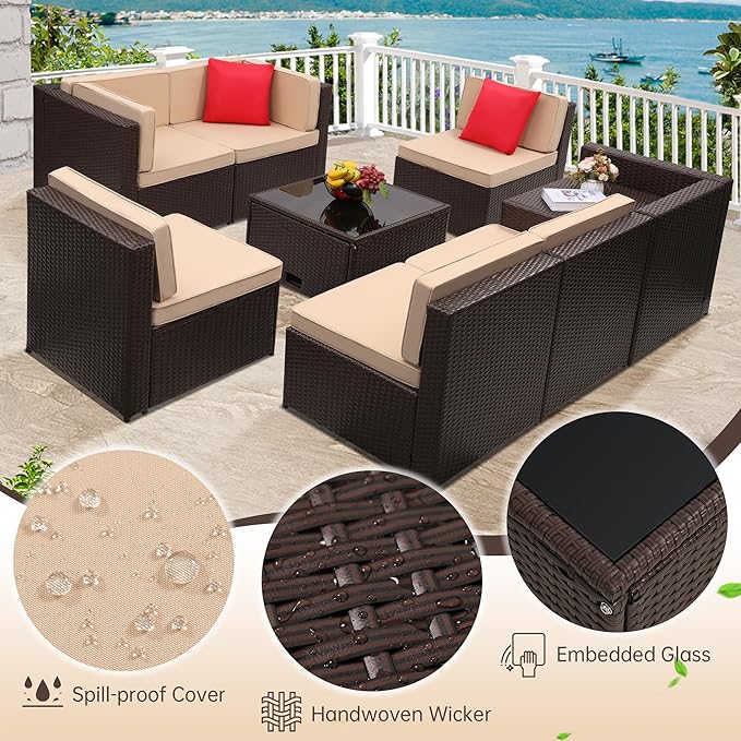 KROFEM 8 Piece Patio Furniture Set, Outdoor Modular Conversation Set, Beige | UV Treated Wickers, Machine Washable Cushions, Seats 6, 2 Hidden Storage Compartments, Rustproof Frame, Waterproof