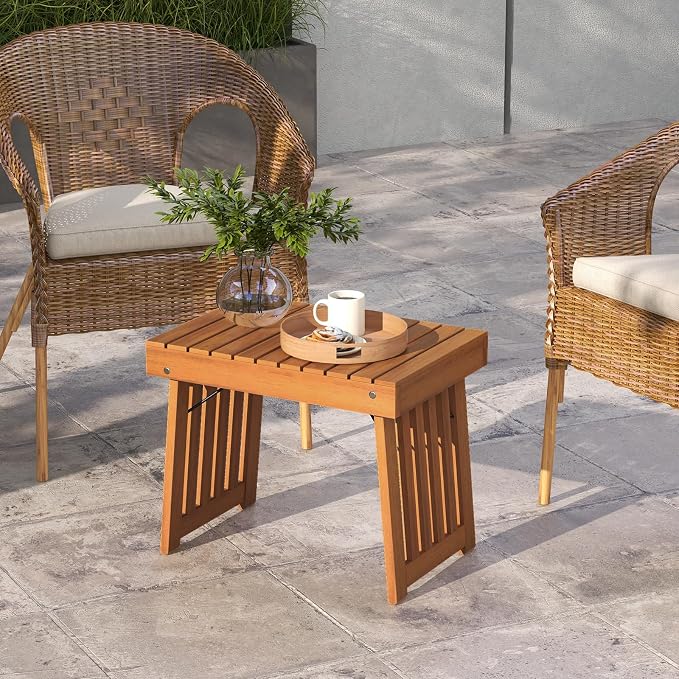 Tangkula Patio Foldable Side Table, Outdoor Folding Acacia Wood Coffee Table w/Slatted Tabletop, Portable Patio Table for Backyard, Poolside, Balcony (2)