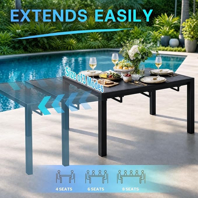 bigget Extendable Patio Dining Table for 8, 78.8" Long Rectangular Expandable Outdoor Dining Table for 8, 500LBS Powder-Coated Black Metal Extra Large Outdoor Patio Table for Outside, Garden, Lawn