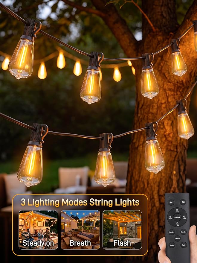 Outdoor String Lights Dimmable with Remote, 150 FT Outdoor Lights with 2 Timer and 3 Mode, Waterproof & Shatterproof Patio Lights, 2200K Energy Saving String Lights 4 Spare Bulbs for Patio Yard