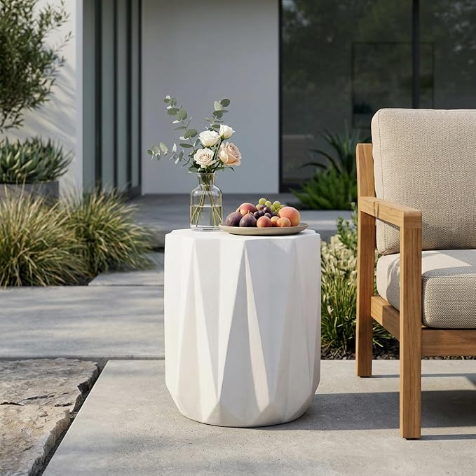 Outdoor Side Table Concrete End Tables Small Stone Bench Patio Garden Stool Plant Stand for Porch, Backyard Balcony,Weather Resistant, MgO,Drum,White