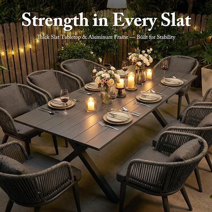 PURPLE LEAF 9 Pieces Patio Dining Set Wicker Outdoor Furniture Rectangular Table and Chairs Set for Garden Deck Aluminum Frame Backyard Kitchen Set, Cushions and Pillows Included Grey