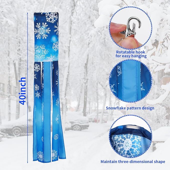 NOVWANG 2 Pcs Winter Snowflake Windsocks, 40 Inch Christmas Windsock Winter Outdoor Hanging Decoration Flag for Yard Garden Patio Balcony Porch Home Decor