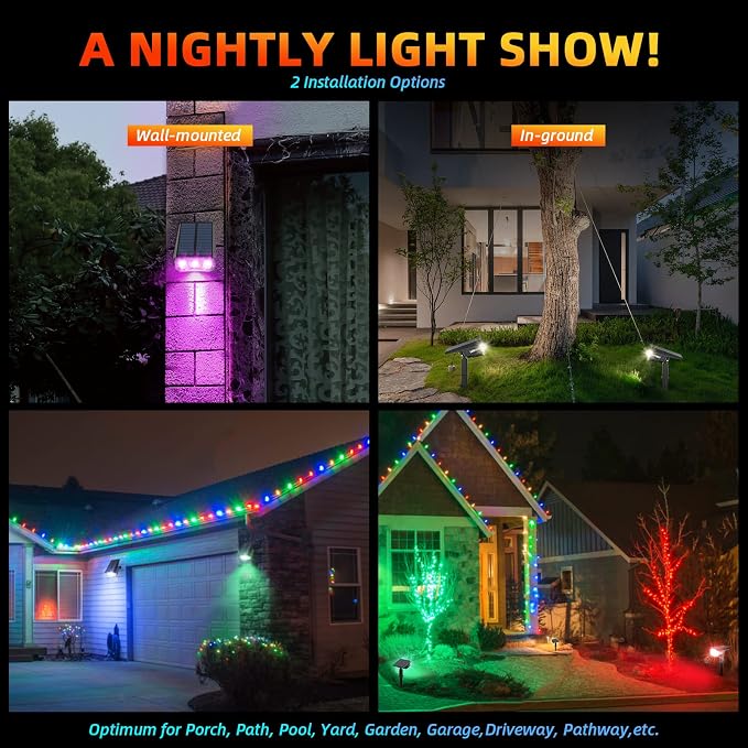 LEREKAM Color Solar Light Outdoor Waterproof Spotlights with 9 Light Modes, Color Changing Solar Outdoor Light for Halloween Decorations, Colored Spot Lights Auto On,Off, RGBW