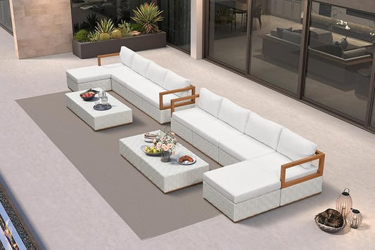 PURPLE LEAF Patio Outdoor Furniture Set 14 Pieces, Premium Leather Outdoor Couch Sectional Sofa, L-Shaped Patio Conversation Sets with Olefin Cushions, Patio Couch for Porch, Balcony, Garden, White